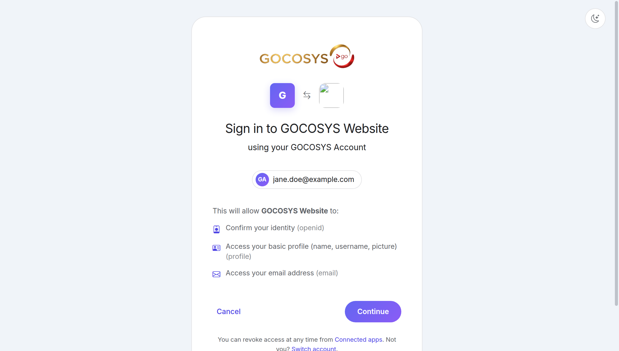 The consent screen shown when an application asks for access.