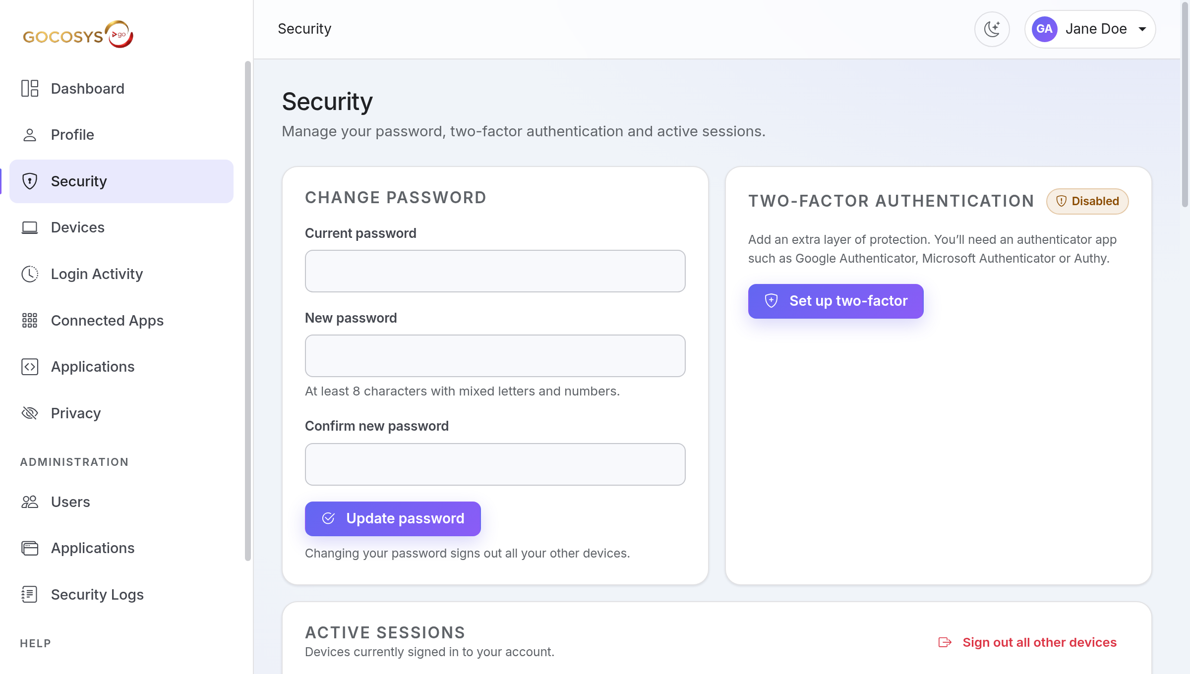The Security page: password, two-factor and active sessions.