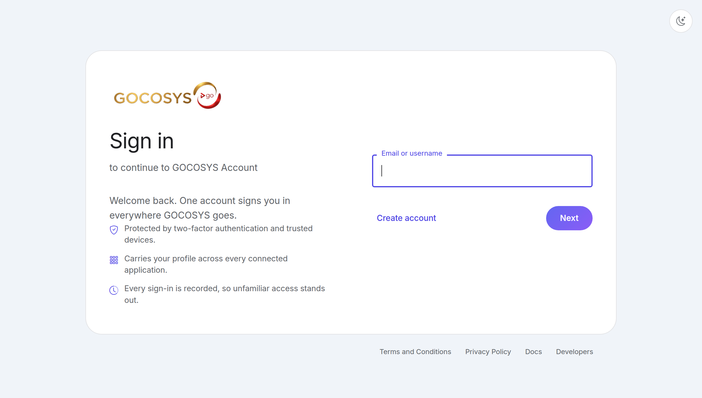 The sign-in screen: enter your email or username first.